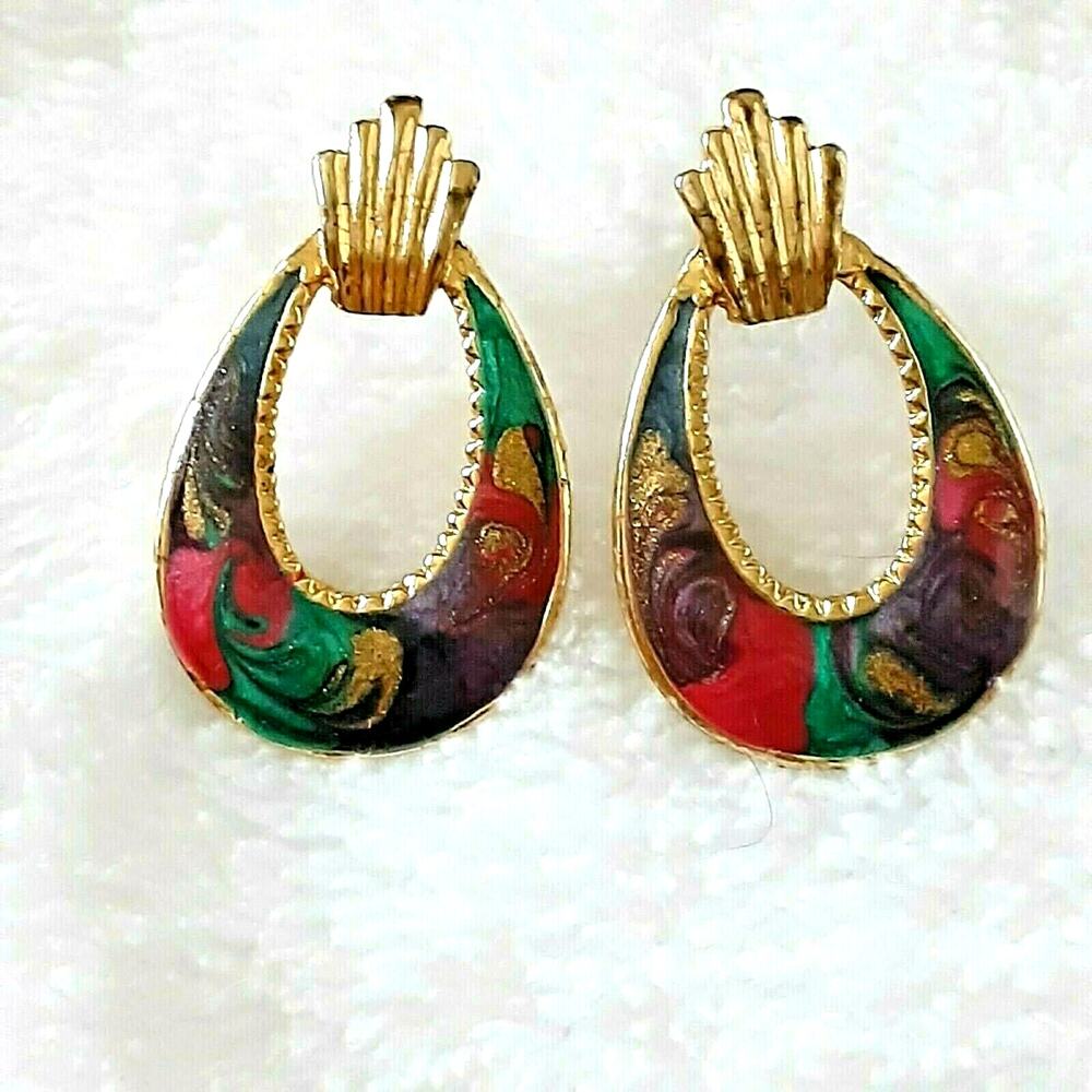 💫 Vintage Teardrop Swirl Earrings 💜 Gold Tone Multicolor Retro Hoop